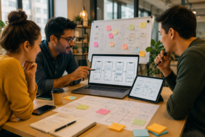 App prototype before development being reviewed by a founder and product team