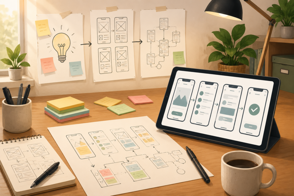 App wireframes and sticky notes turning into a clickable prototype on a tablet
