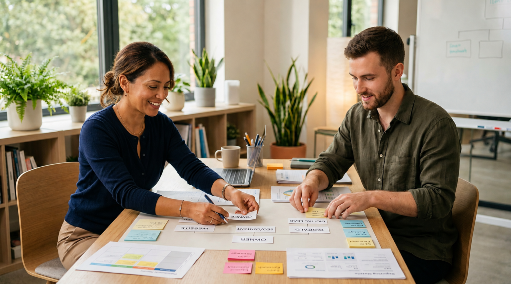 Digital team structure for small business with owner and digital lead planning roles