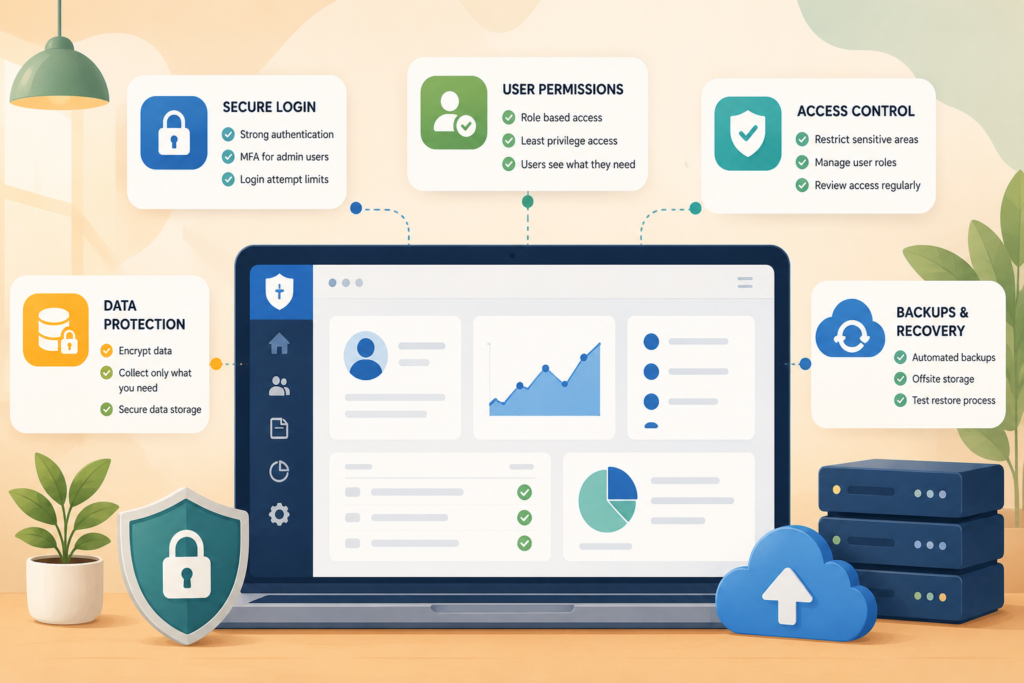 Secure web app dashboard illustration showing login permissions backups and data protection