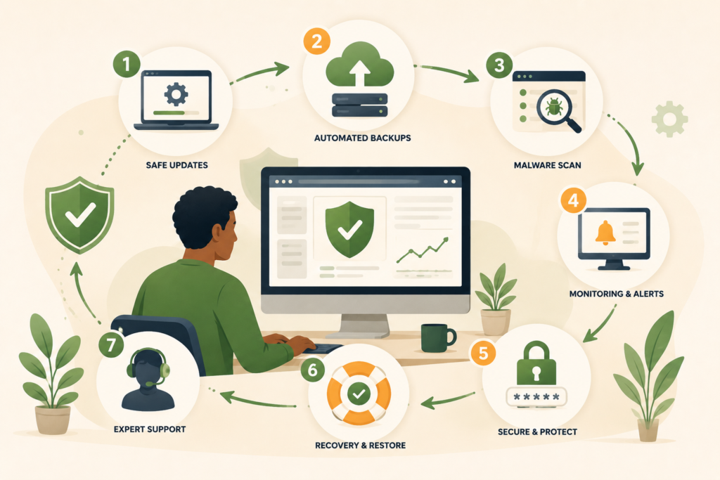 Secure website maintenance workflow with backups malware scans and monitoring