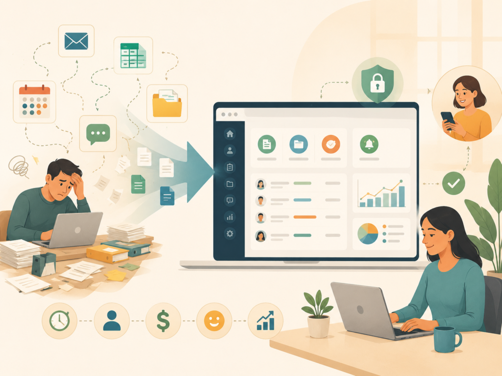 Service business app illustration showing admin tasks centralised into a customer portal
