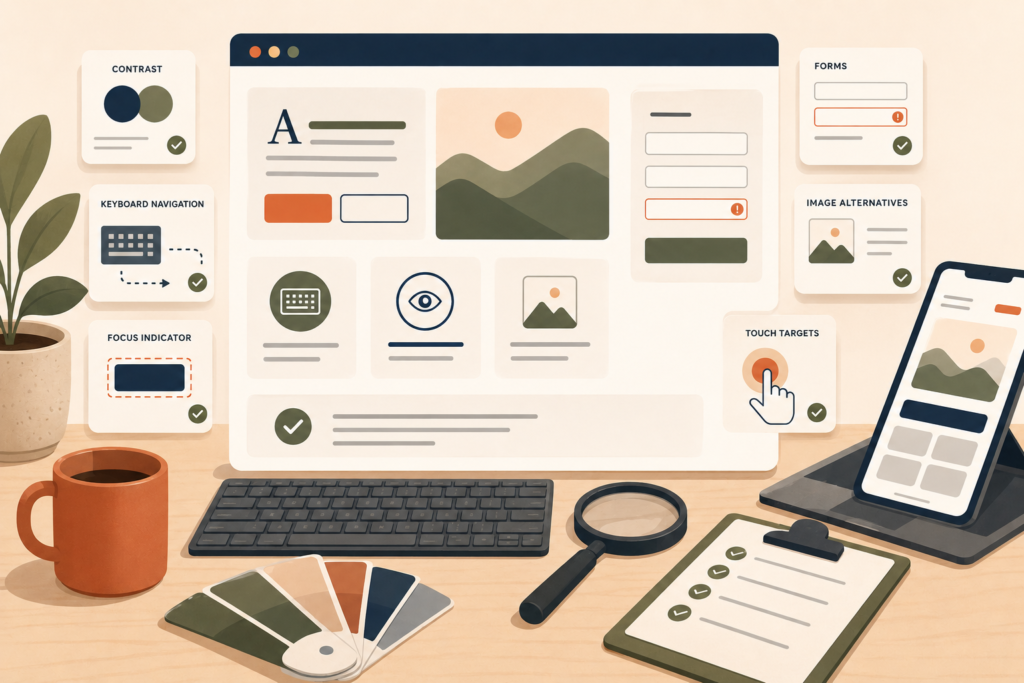 Web accessibility checklist covering contrast forms and keyboard navigation