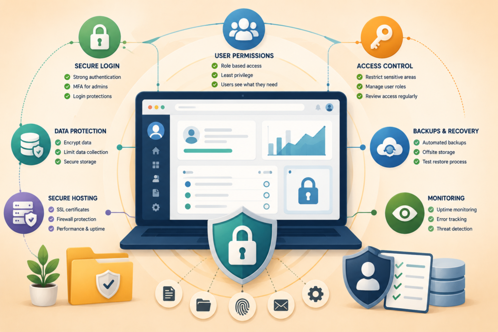 Web app security illustration with access control backups secure login and data protection
