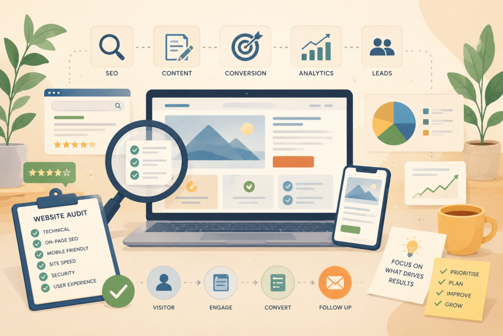 Website growth plan audit illustration for improving conversion and visibility