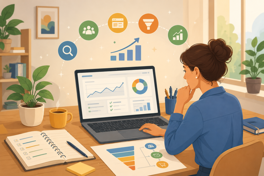 Website growth plan framework showing traffic conversion and measurement