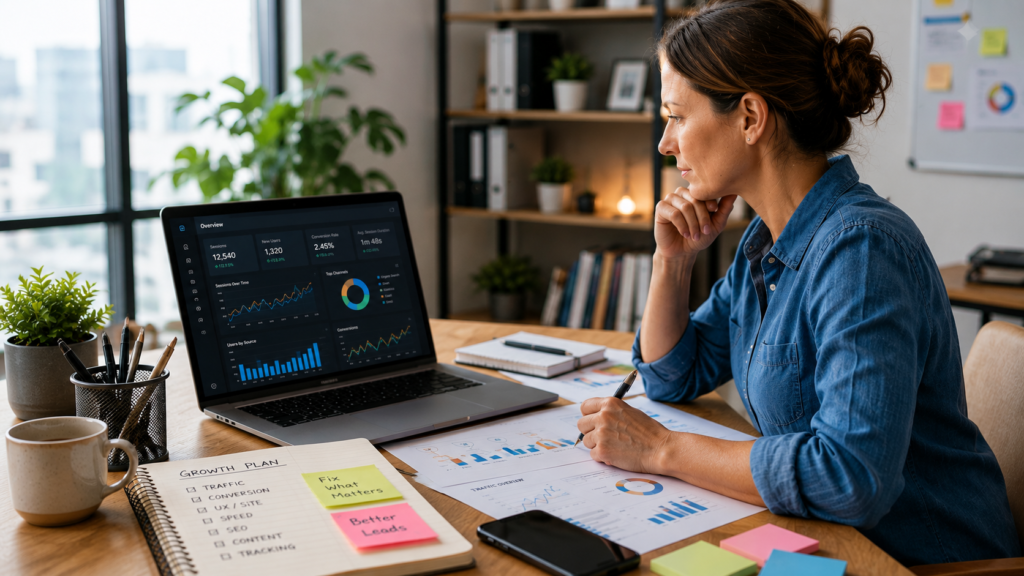 Website growth plan review for a small business owner improving website leads