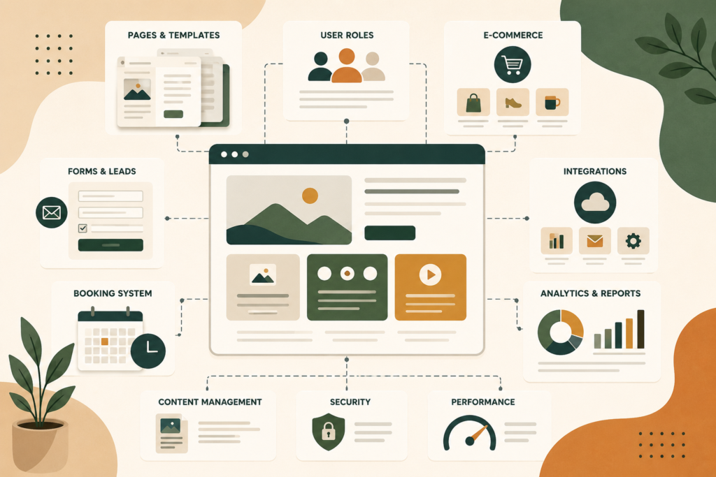 Website project scope showing pages features and integrations
