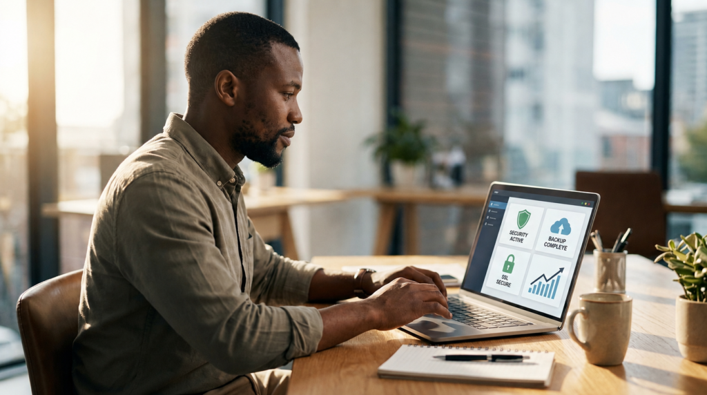 Website security maintenance dashboard for a small business owner