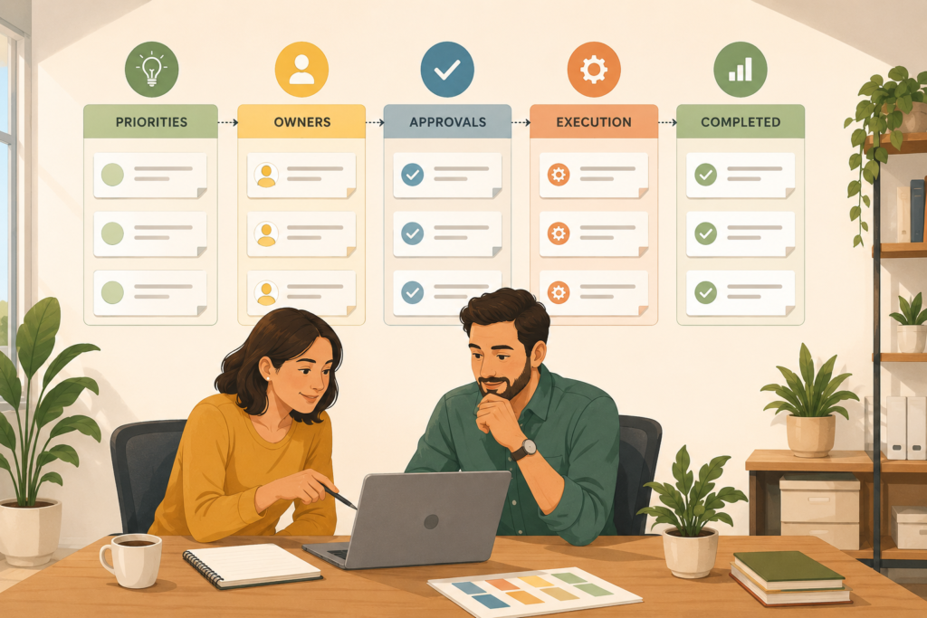 Marketing execution plan workflow with priorities owners approvals and completed tasks