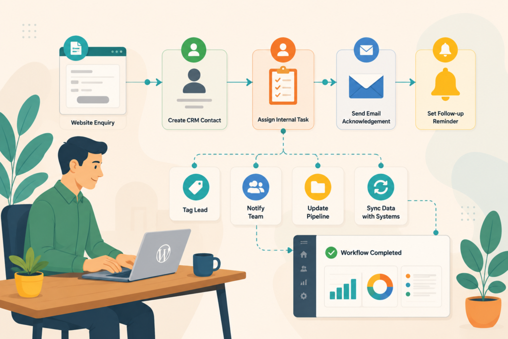 WordPress workflow automation connecting enquiries to a CRM and internal tasks