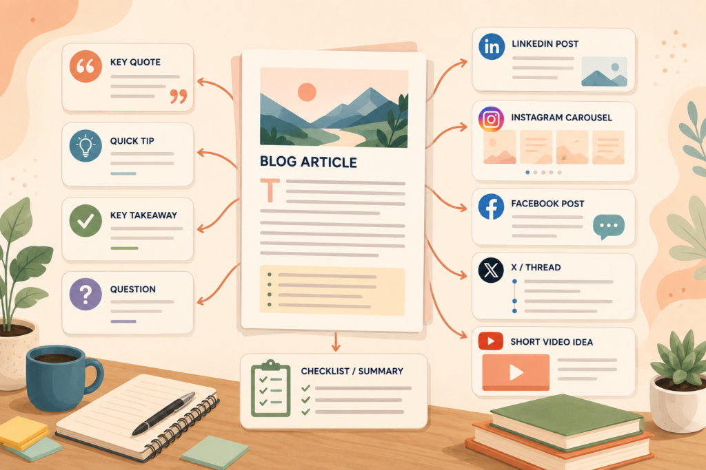 Content repurposing illustration showing one article broken into reusable content assets
