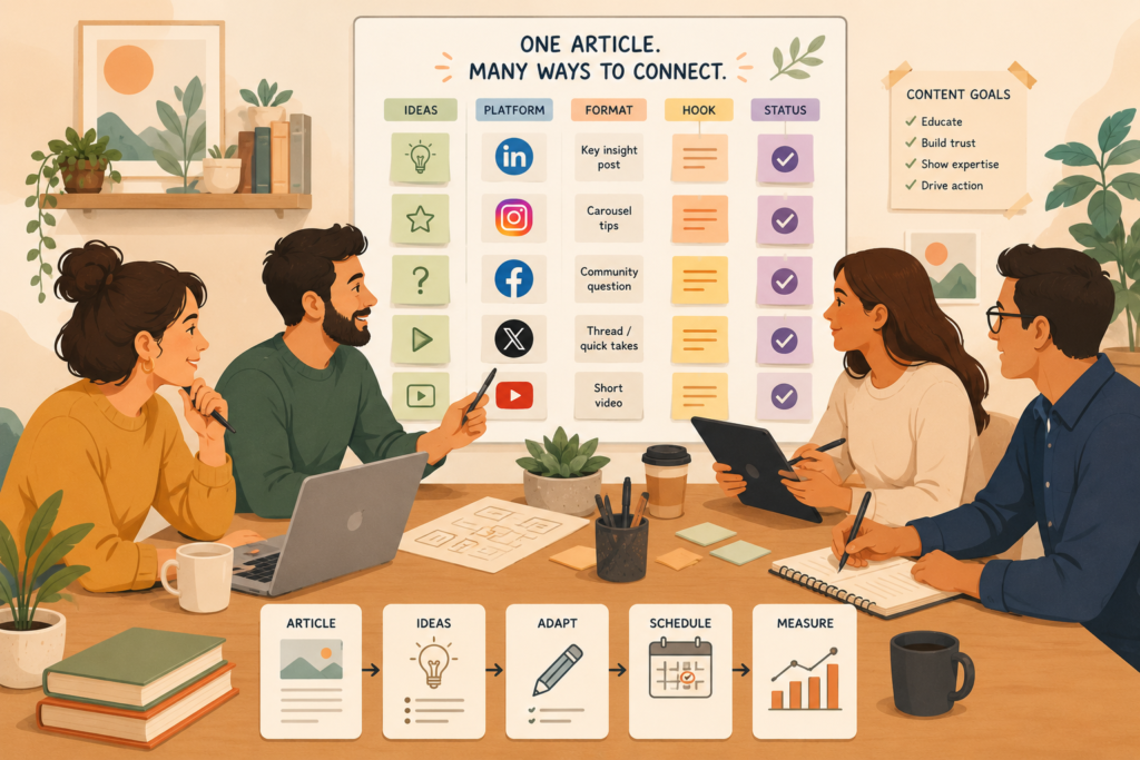 Blog content repurposing planning session for a small business content workflow