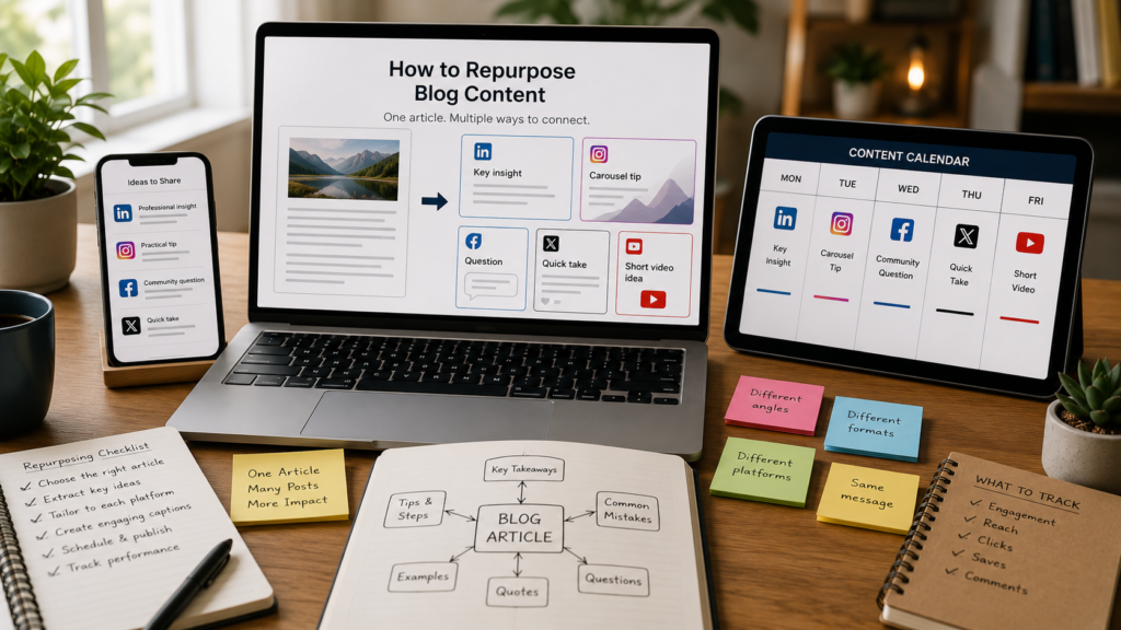 Blog content repurposing workflow turning one article into multiple social media posts