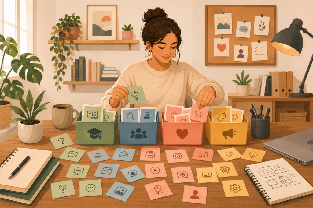 Small business owner choosing social media content pillars from different post ideas