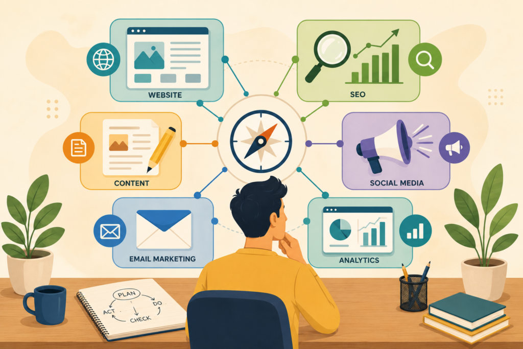 Digital marketing decision framework showing connected website SEO content ads email and analytics priorities