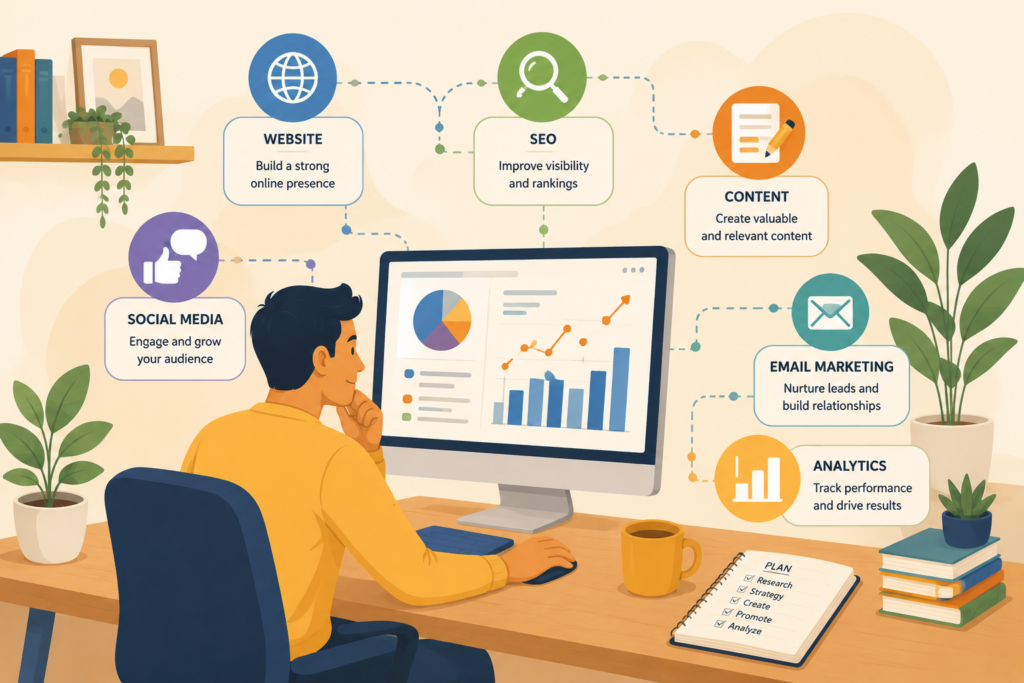 Small business owner using a decision path to choose digital marketing priorities