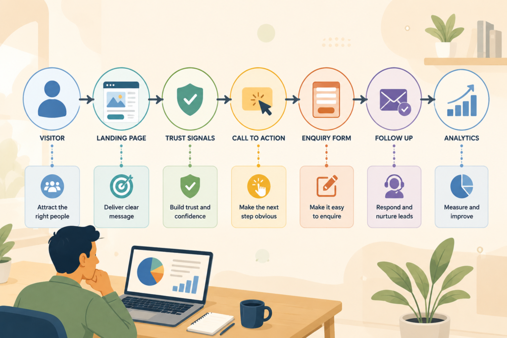 Lead generation audit flow showing visitor landing page call to action form follow up and analytics
