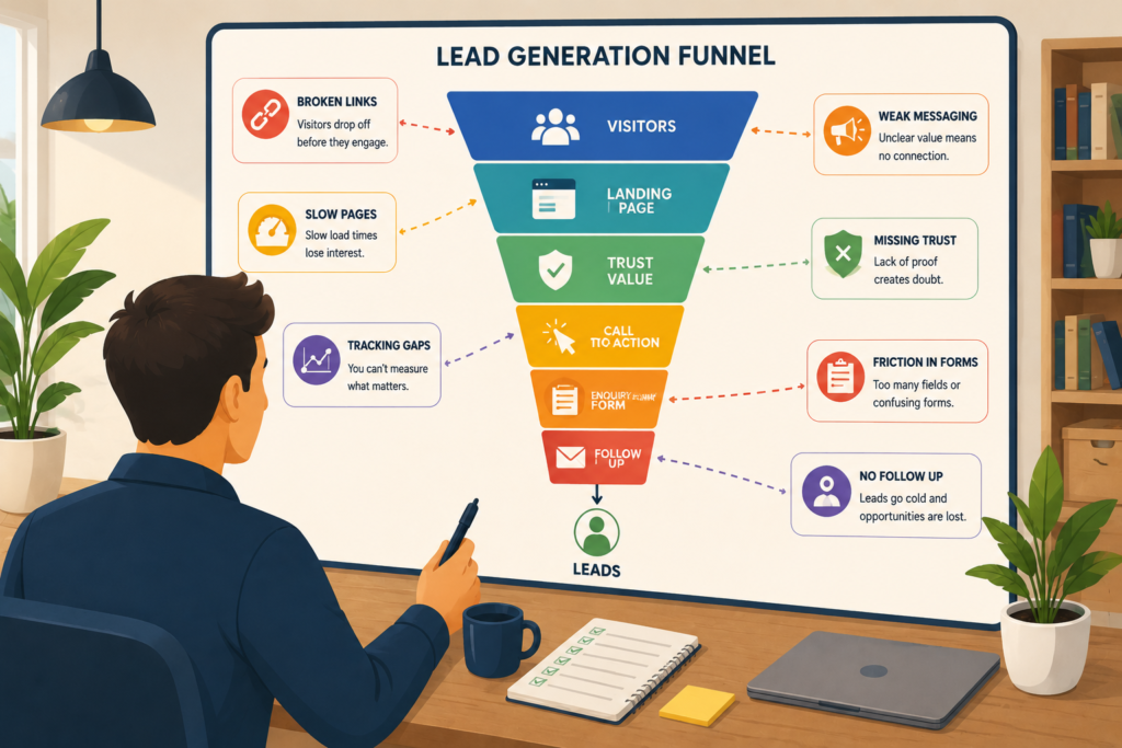 Small business owner identifying lead generation blockers in a website funnel