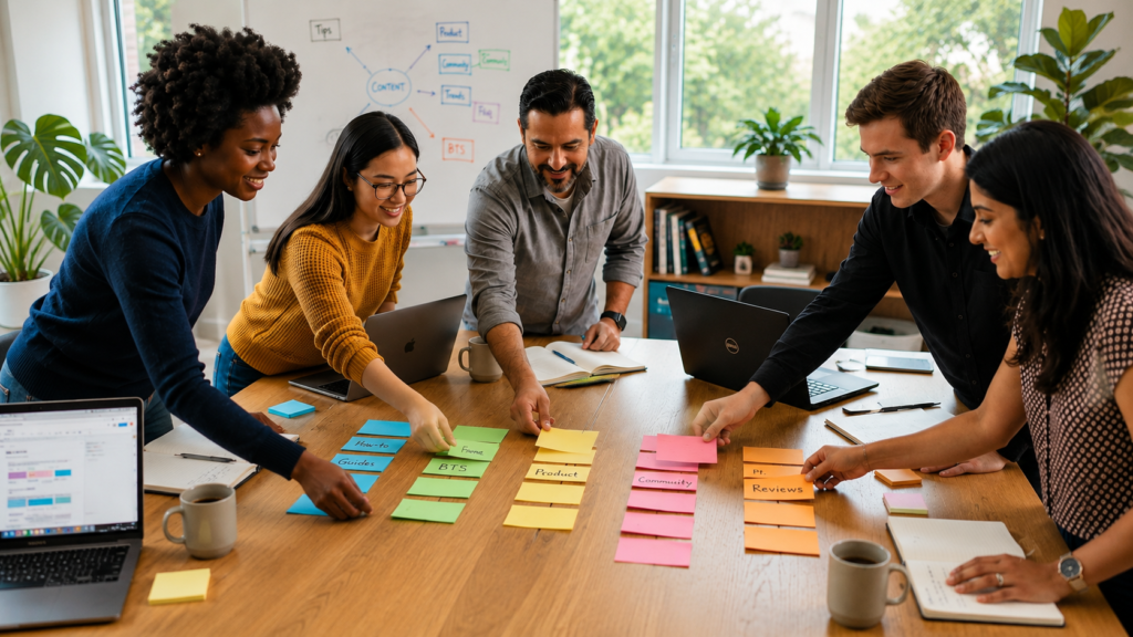 Social media content pillars being organised by a small business team
