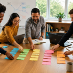Social media content pillars being organised by a small business team