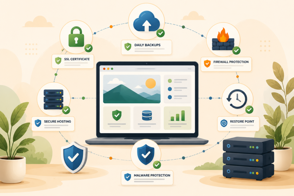Website backups and hosting security protection layers illustration