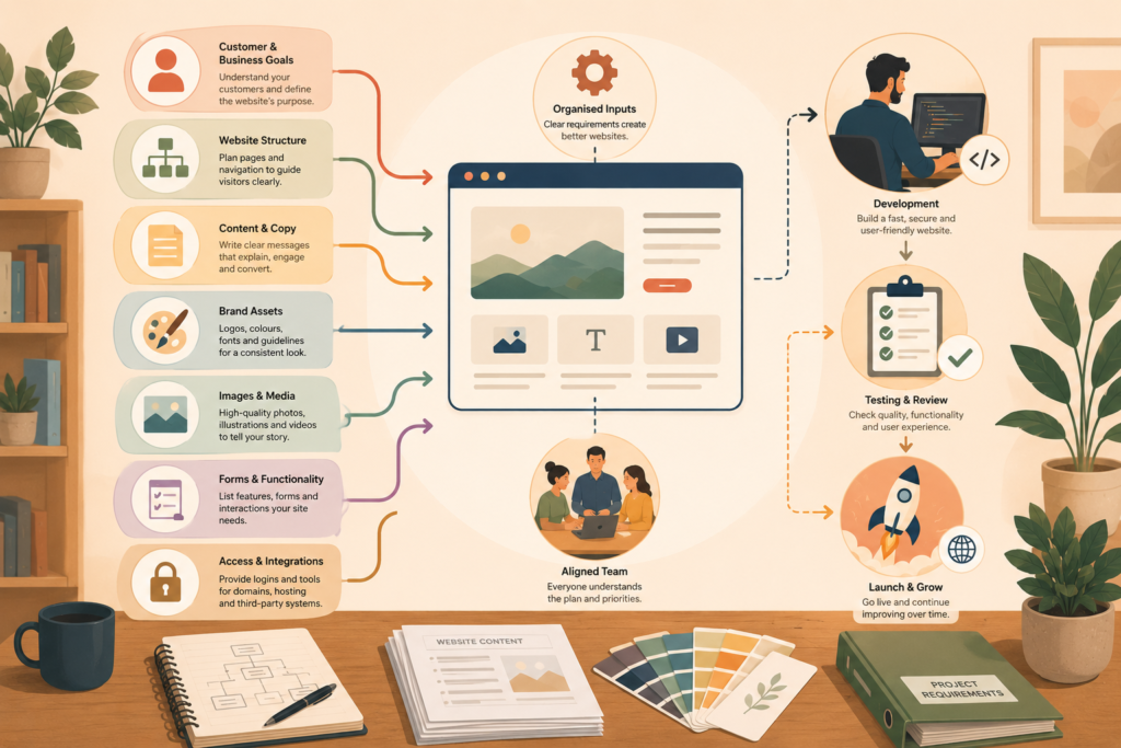 Website project requirements organised into a development workflow