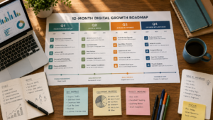 12-month digital growth roadmap organised into four quarterly planning stages