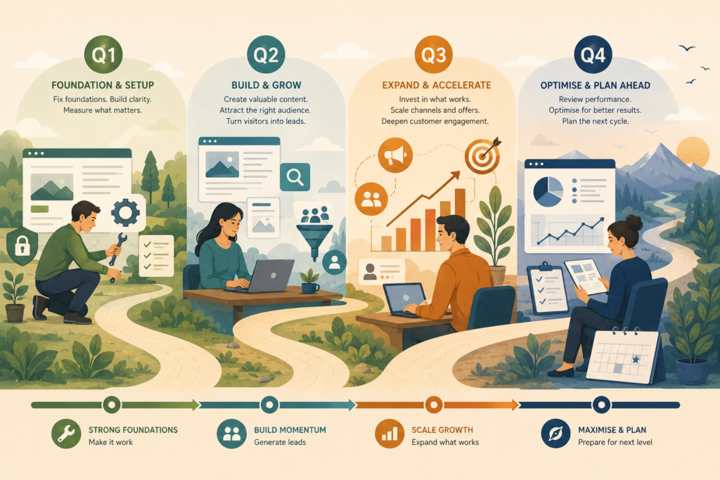 Annual digital strategy progressing through four quarterly growth stages
