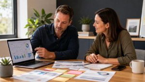 Digital strategy consultant for small business reviewing growth priorities with a business owner