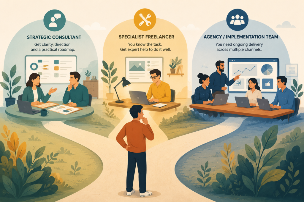 Digital strategy consultant for small business compared with agency and freelancer support