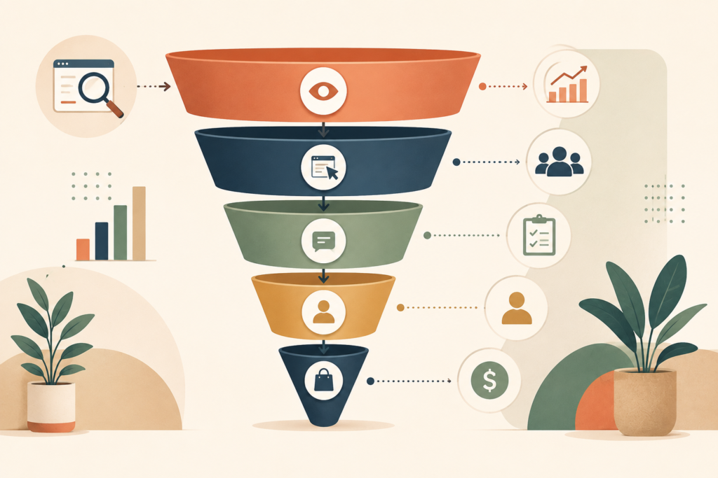 SEO ROI for small business measurement funnel from visibility to customers