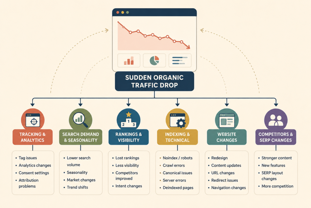 Organic traffic drop diagnosis framework showing possible causes