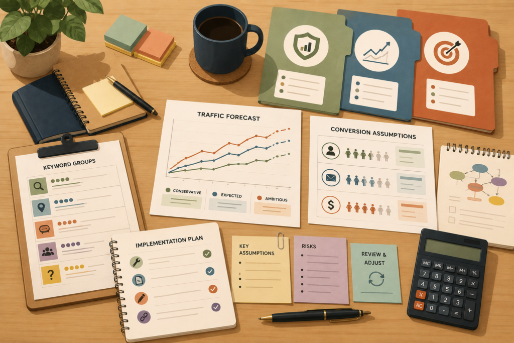 Organic traffic forecast planning with keywords and conversion assumptions