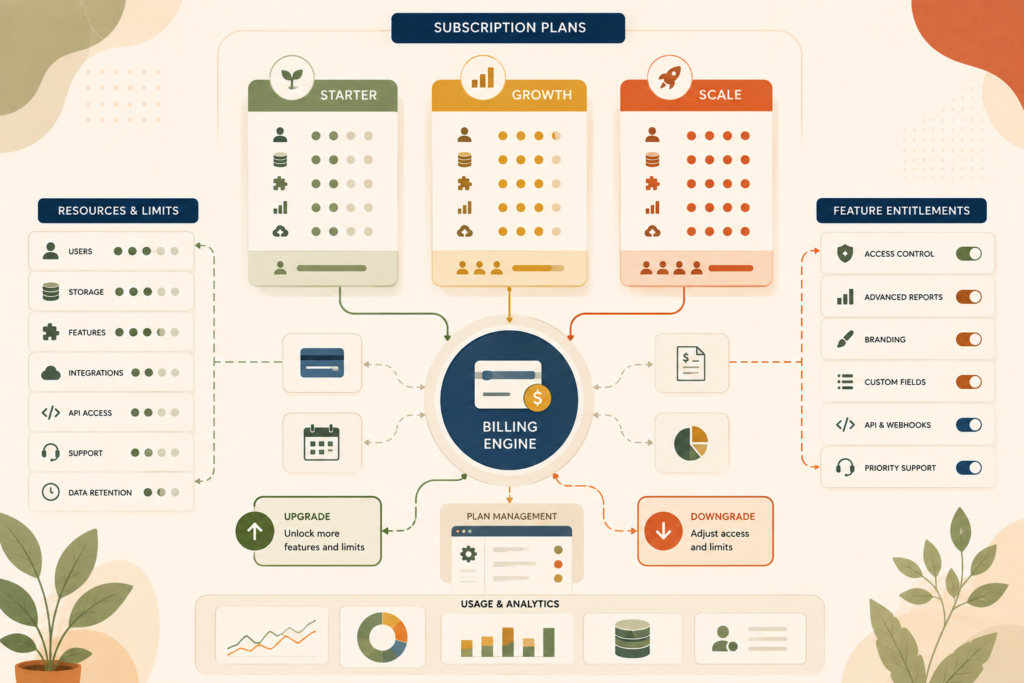 SaaS billing architecture connecting plans to feature entitlements