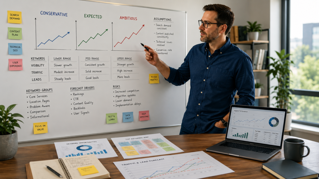 SEO forecasting scenarios for realistic traffic and lead expectations