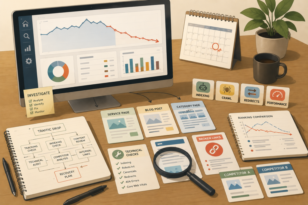 SEO traffic recovery investigation using pages, rankings and technical checks