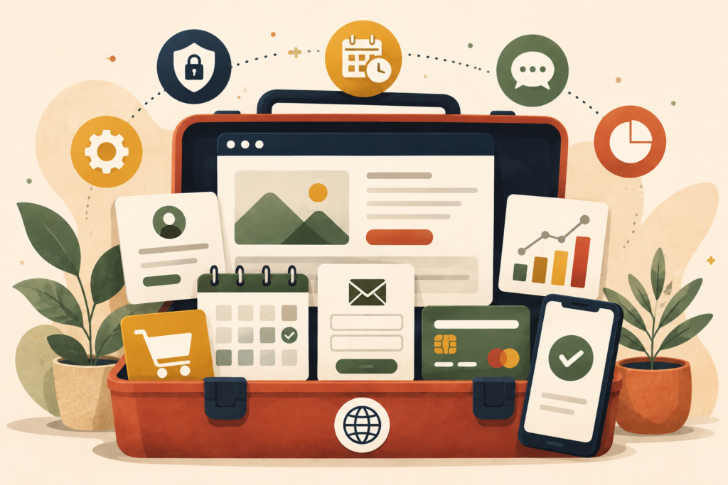 Small business website features including booking payments forms and analytics