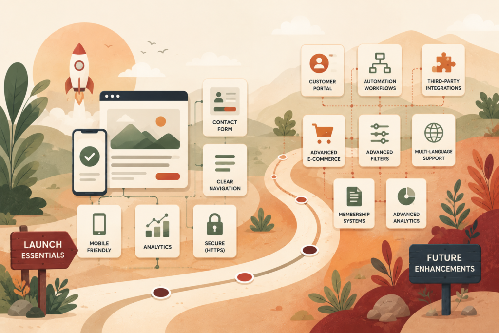 Website functionality checklist showing launch features and future upgrades