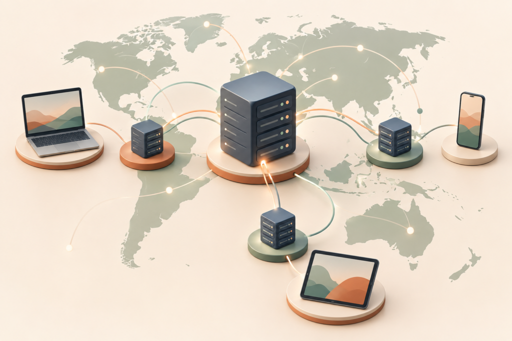 Content delivery network illustration showing website content reaching international customers through regional servers.