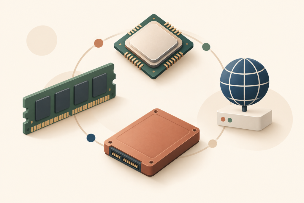 Illustration of CPU, RAM, SSD storage, and bandwidth as website hosting resources.