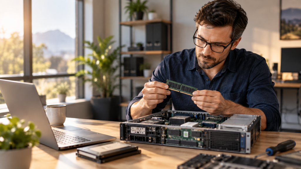 Hosting resource limits explained with a small business owner reviewing server hardware.