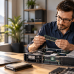 Hosting resource limits explained with a small business owner reviewing server hardware.