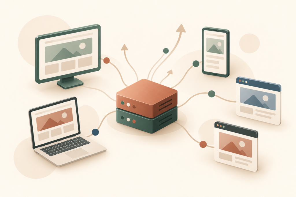 Scalable small business hosting illustration showing increased website traffic and connected devices.