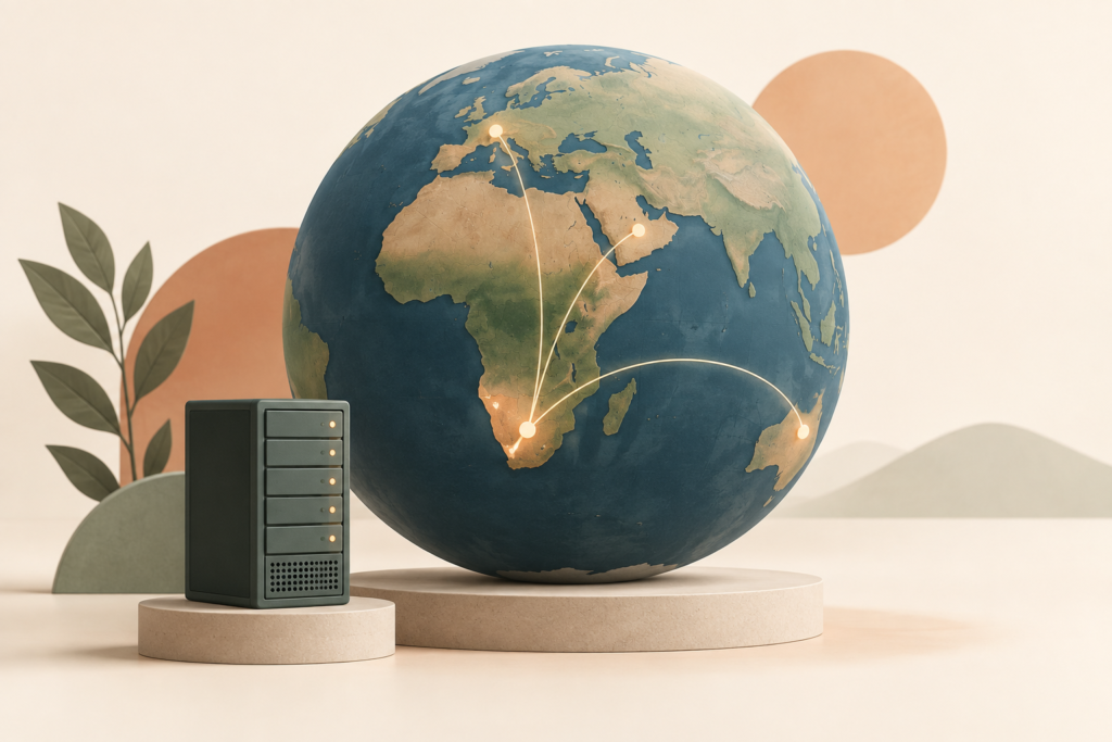 Illustration of international website hosting and network connections between South Africa and other continents.
