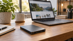 SSD storage for websites shown as a solid state drive beside a business laptop.