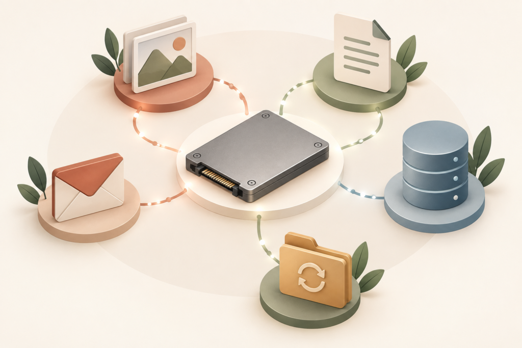 Illustration of SSD storage containing website images, documents, databases, email, and backups.